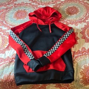 Empyre brand red and black raglan sleeve hoodie with checkerboard high-vis trim